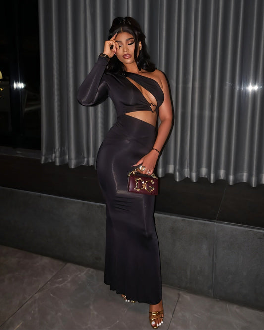 GIANNA Hollow Belly One-shoulder Sleeve Maxi Dress